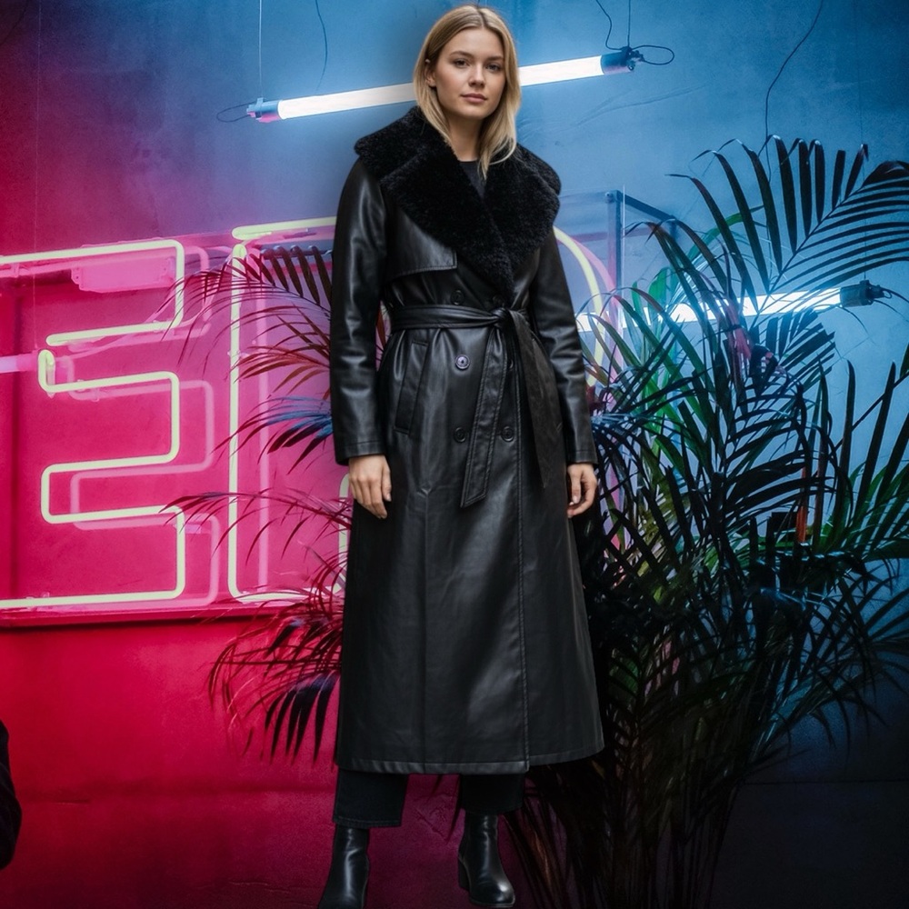 Vintage style SHEIN Black Faux Leather Long Trench Coat with Shearling Collar - Picture 10 of 17